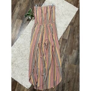 Drew Size Medium Striped Strapless Split Wide Leg Linen Blend Jumpsuit